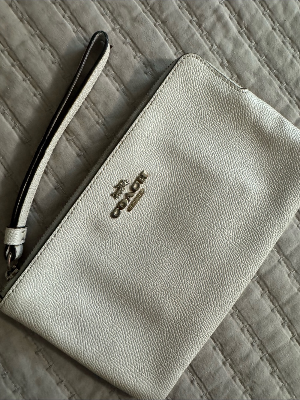 Coach Cream Pebble Leather Wristlet with Gold Logo